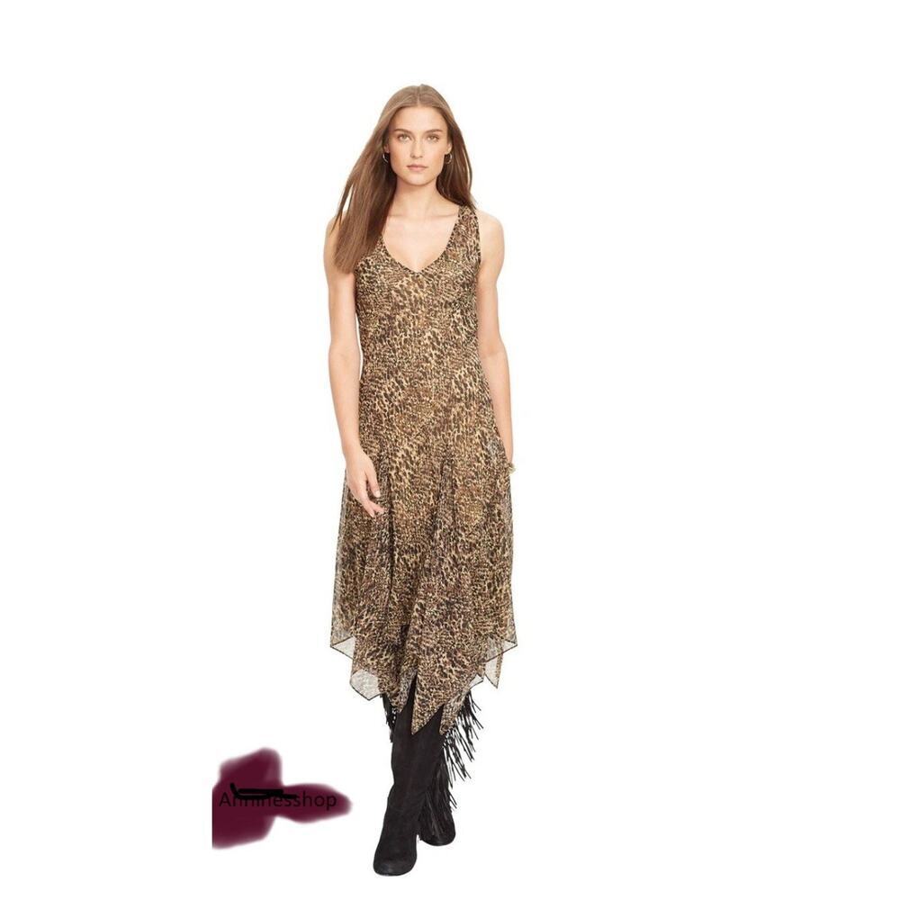 Ralph Lauren Womens Tank Dress Sz 4 Georgette Handkerchief Hem animal Print 1956